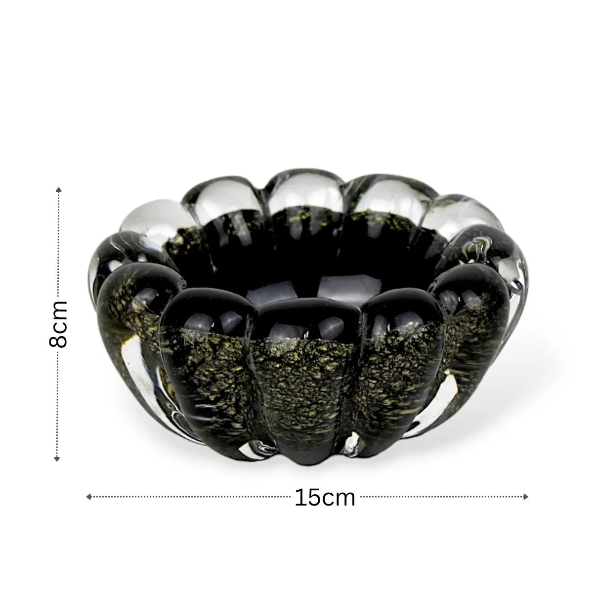 Bowl Grande Preto Murano com Ouro Medidas