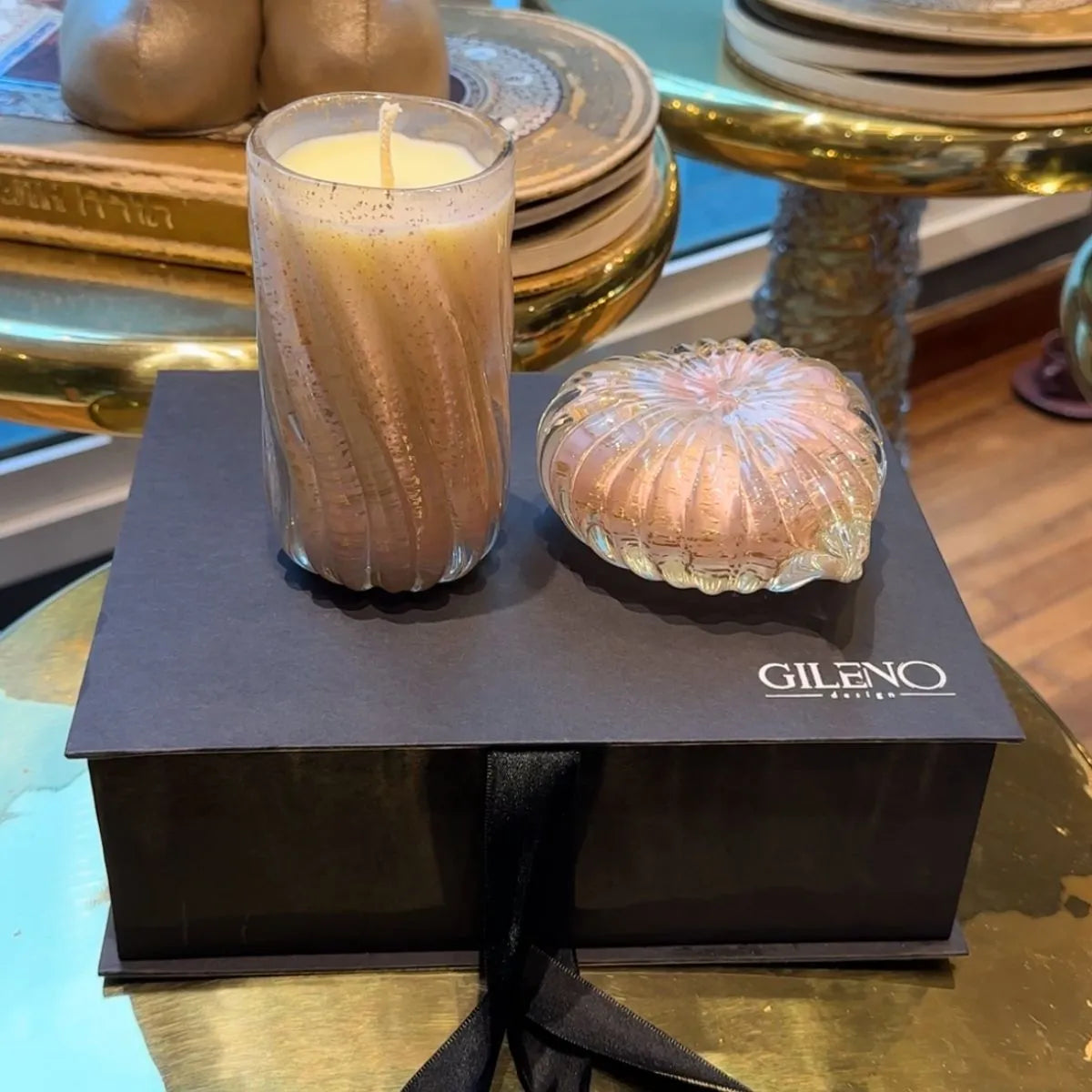 Kit Murano Coração de Cristal + Vela Aromática com Ouro