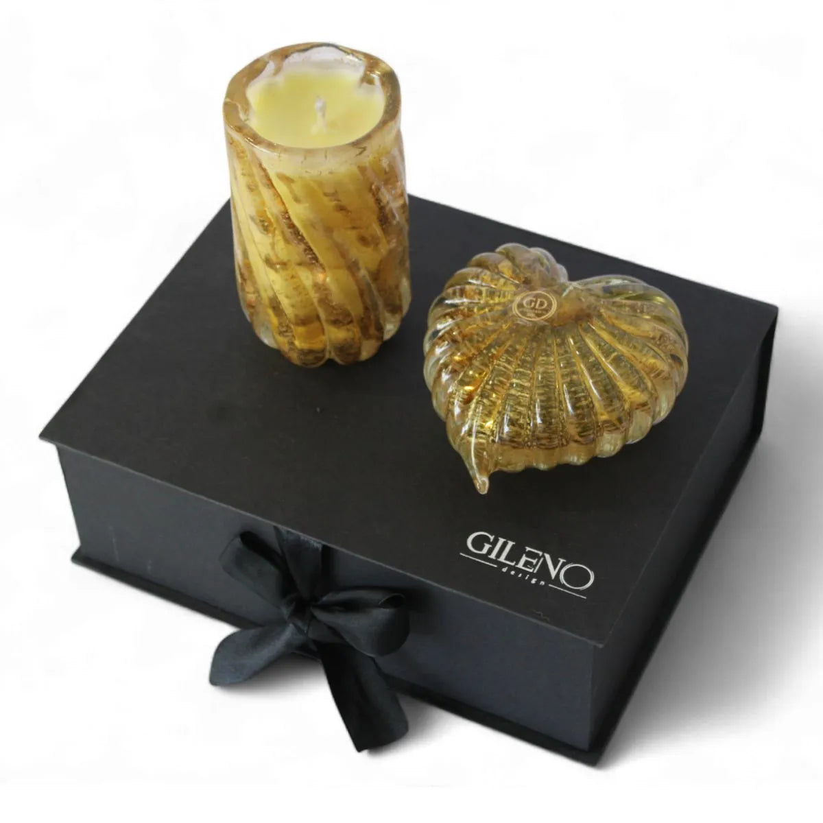 Kit Murano Coração de Cristal + Vela Aromática com Ouro