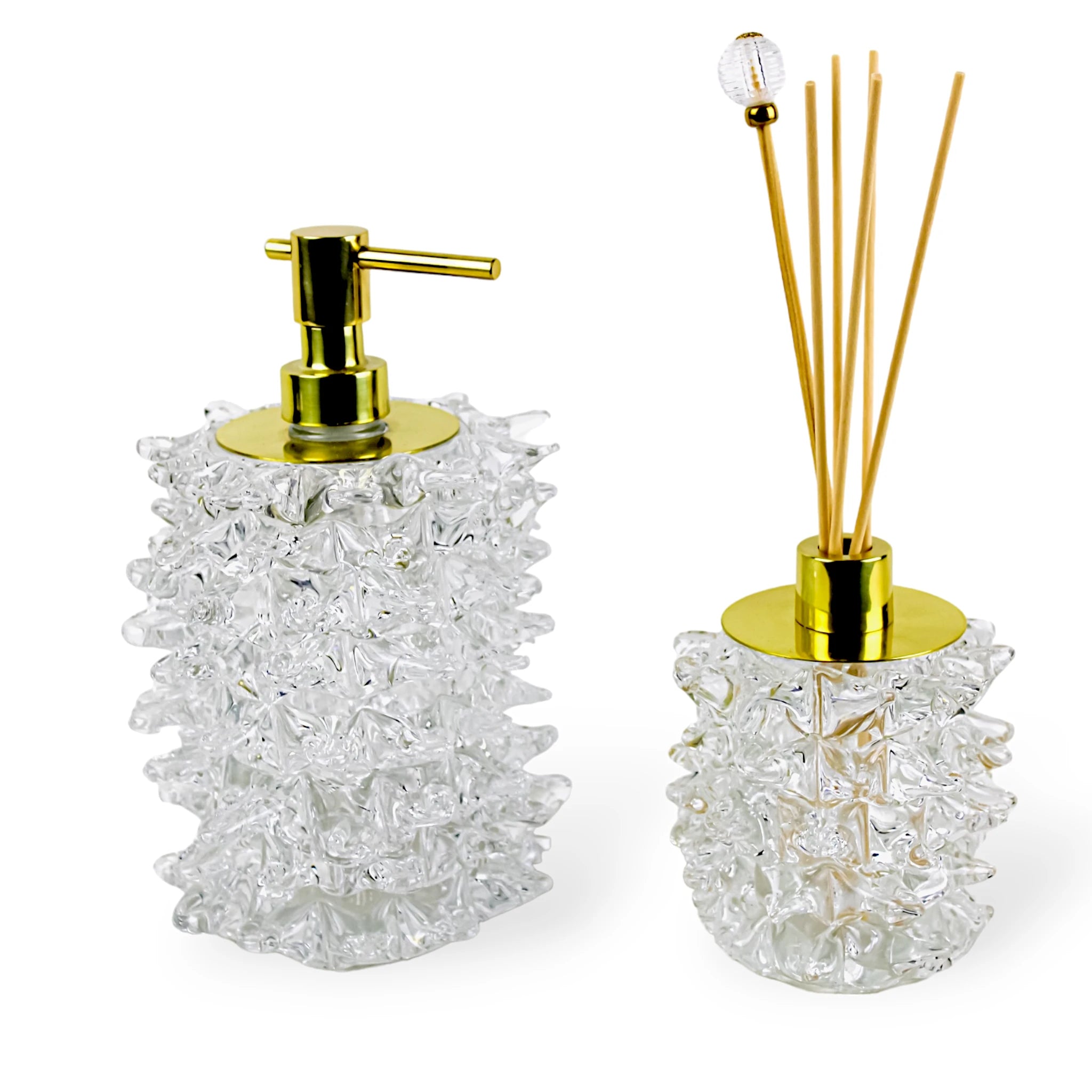 Kit Lavabo de Luxo Murano Saboneteira Banheiro Sabonete Difusor Cristal Dourado