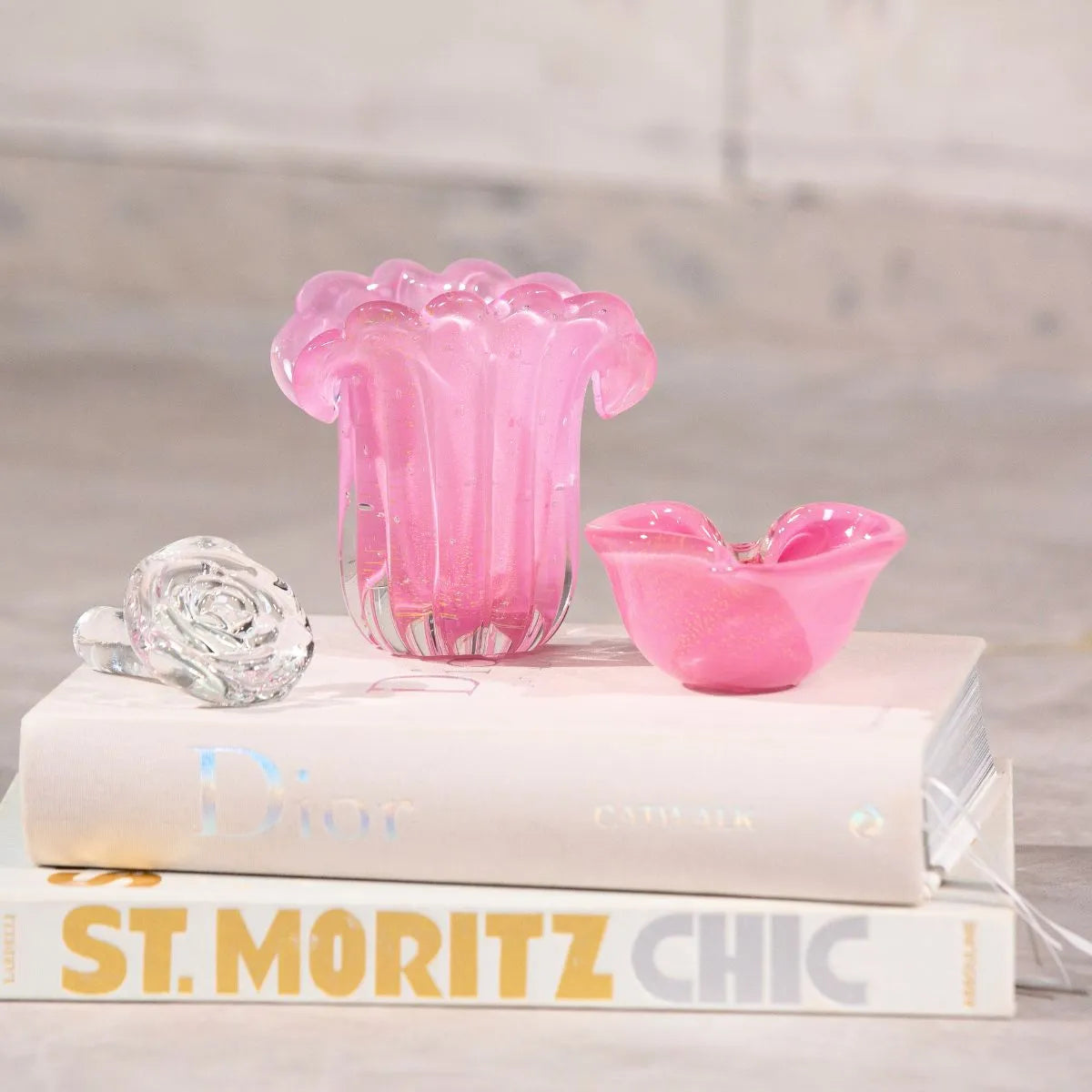 Vaso Cachepot Leque Rosa com Ouro Murano Cristal Organização
