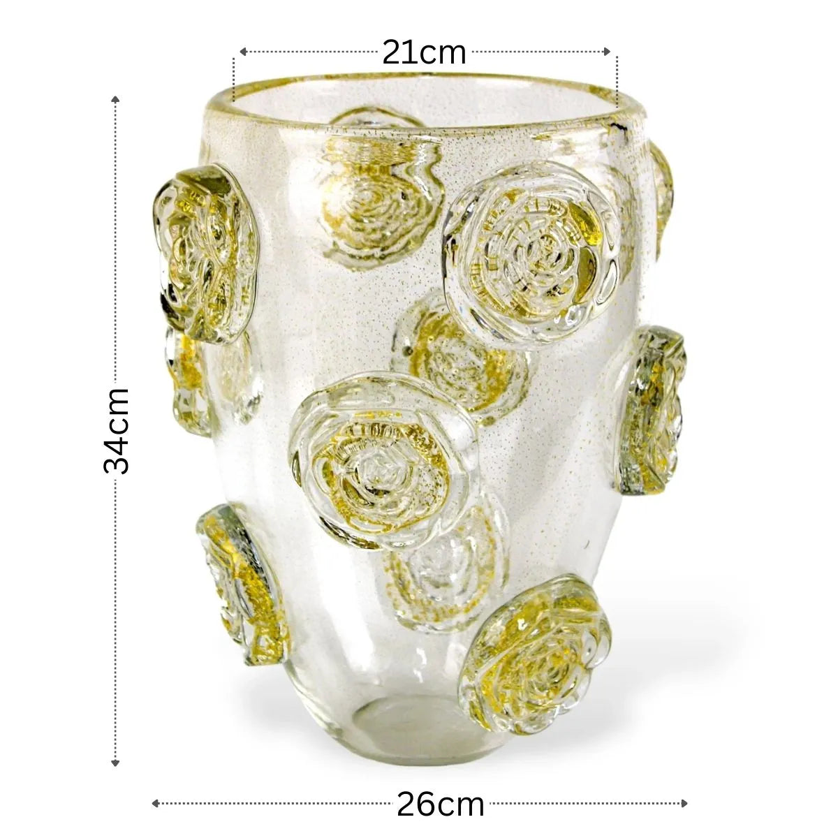 Vaso Roses Grande em Cristal Murano com Ouro Medidas
