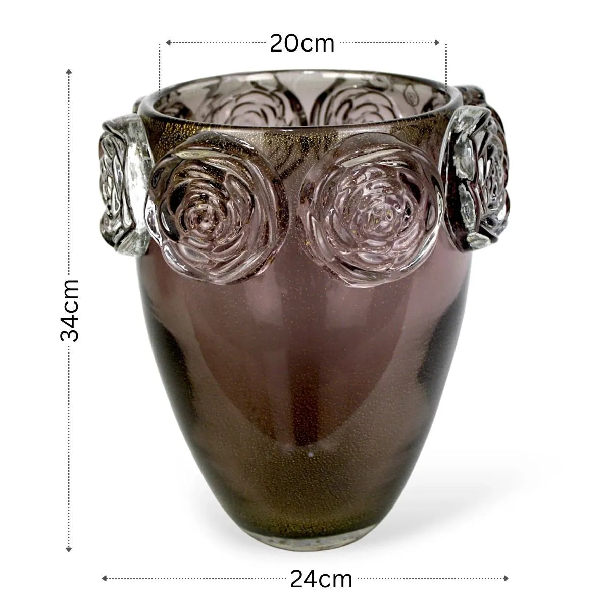 Vaso Top Roses Grande em Murano com Ouro Medidas