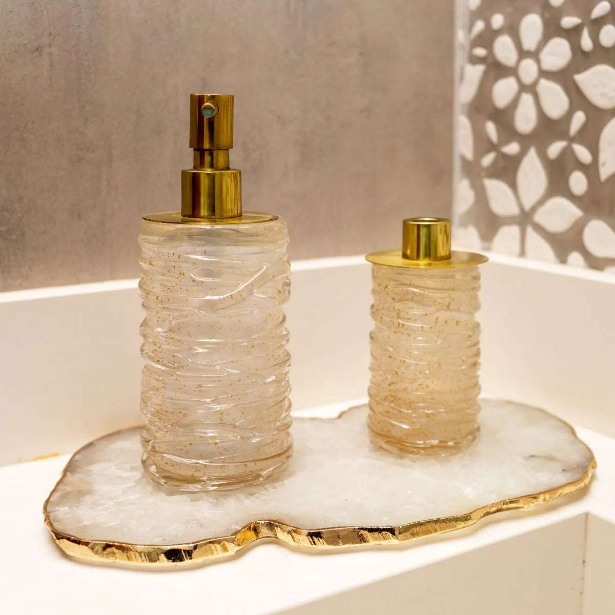 Kit Banheiro de Luxo Murano Saboneteira Difusor Cristal Dourado