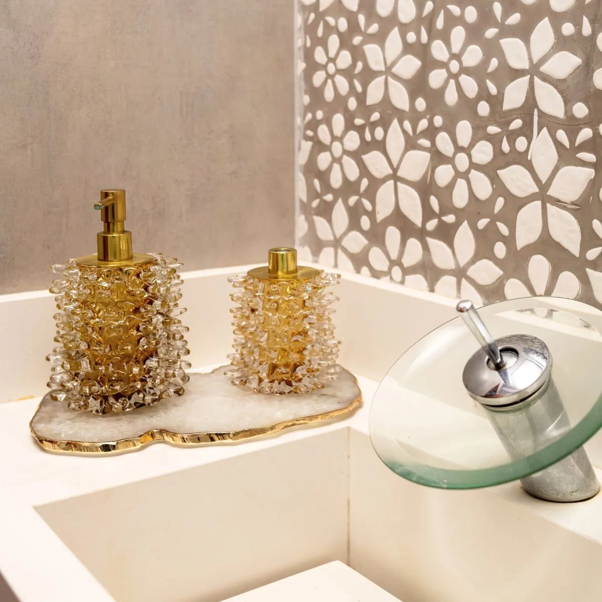 Conjunto de Luxo Design de Banheiro Luxo Murano Saboneteira Banheiro Sabonete Difusor Cristal Dourado