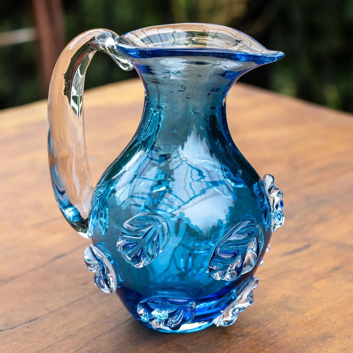 Jarra de Cristal Murano Azul com Detalhes de Folhas