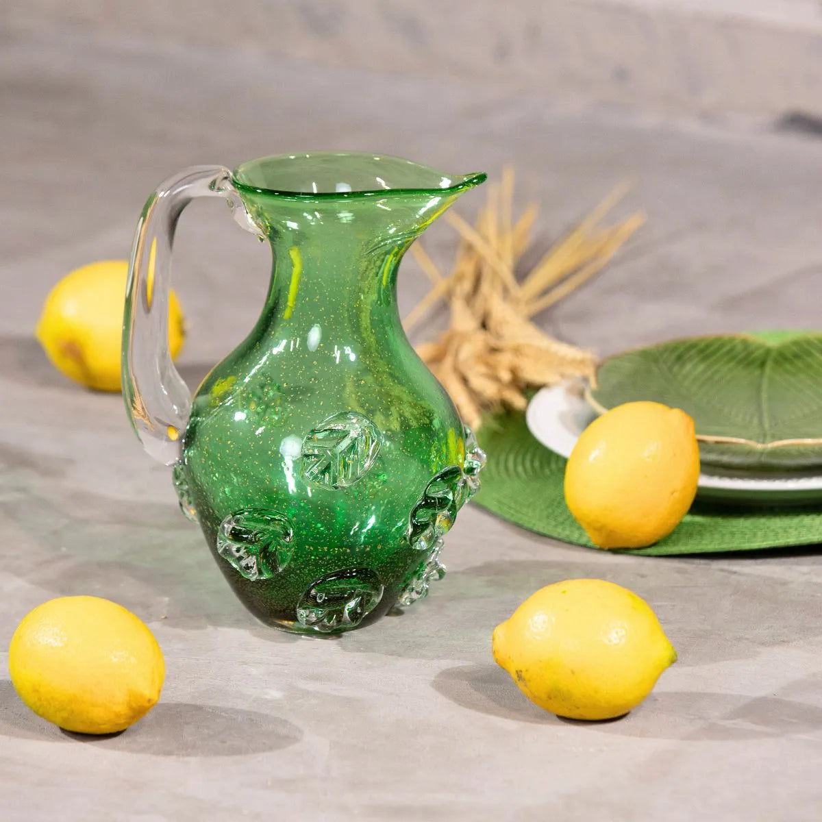 Jarra de Cristal Rosa Folhas Flores em Murano