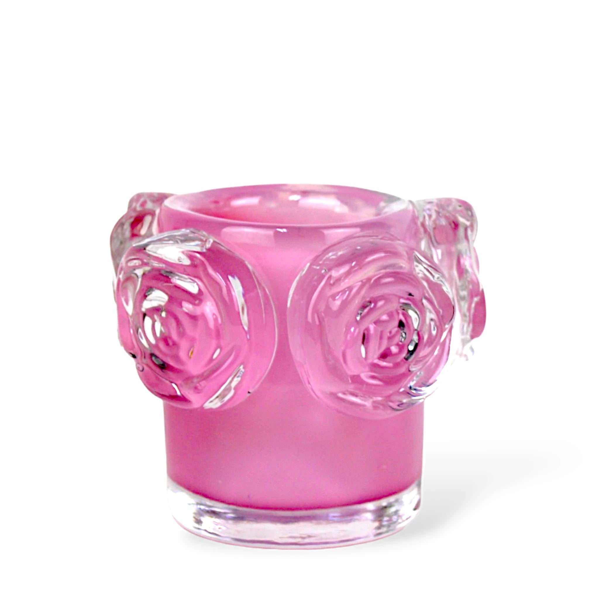 Cachepot em Cristal Murano cor Rosa Chiclete com detalhes de Flores