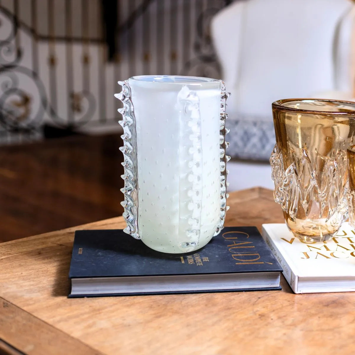 Vaso de Cristal Murano com Ouro Espinhos Branco