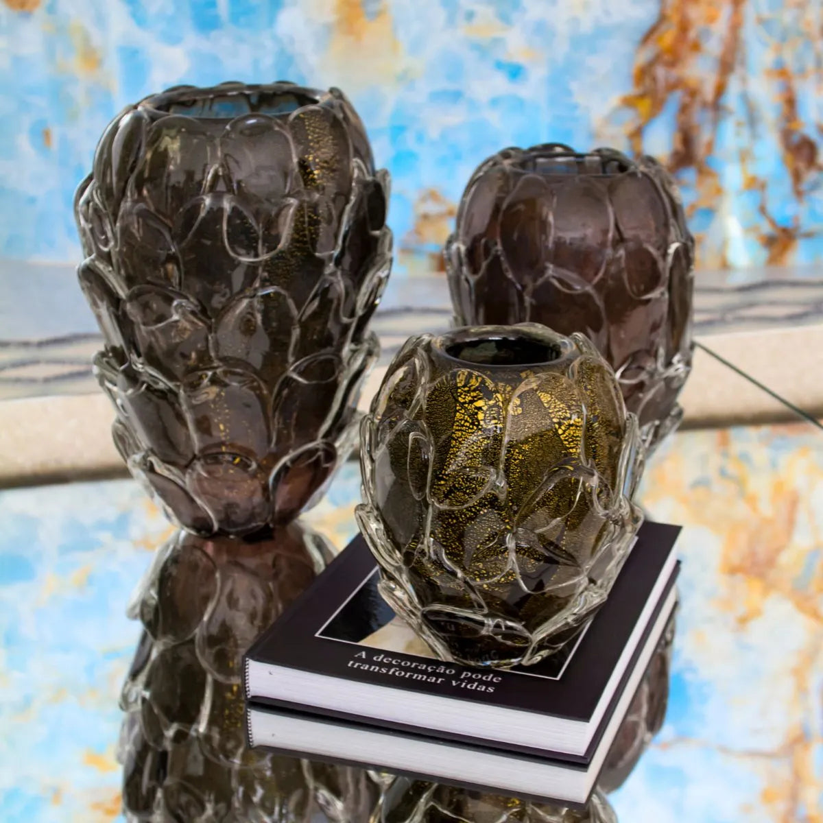 Vaso de Cristal Murano Preto com Ouro