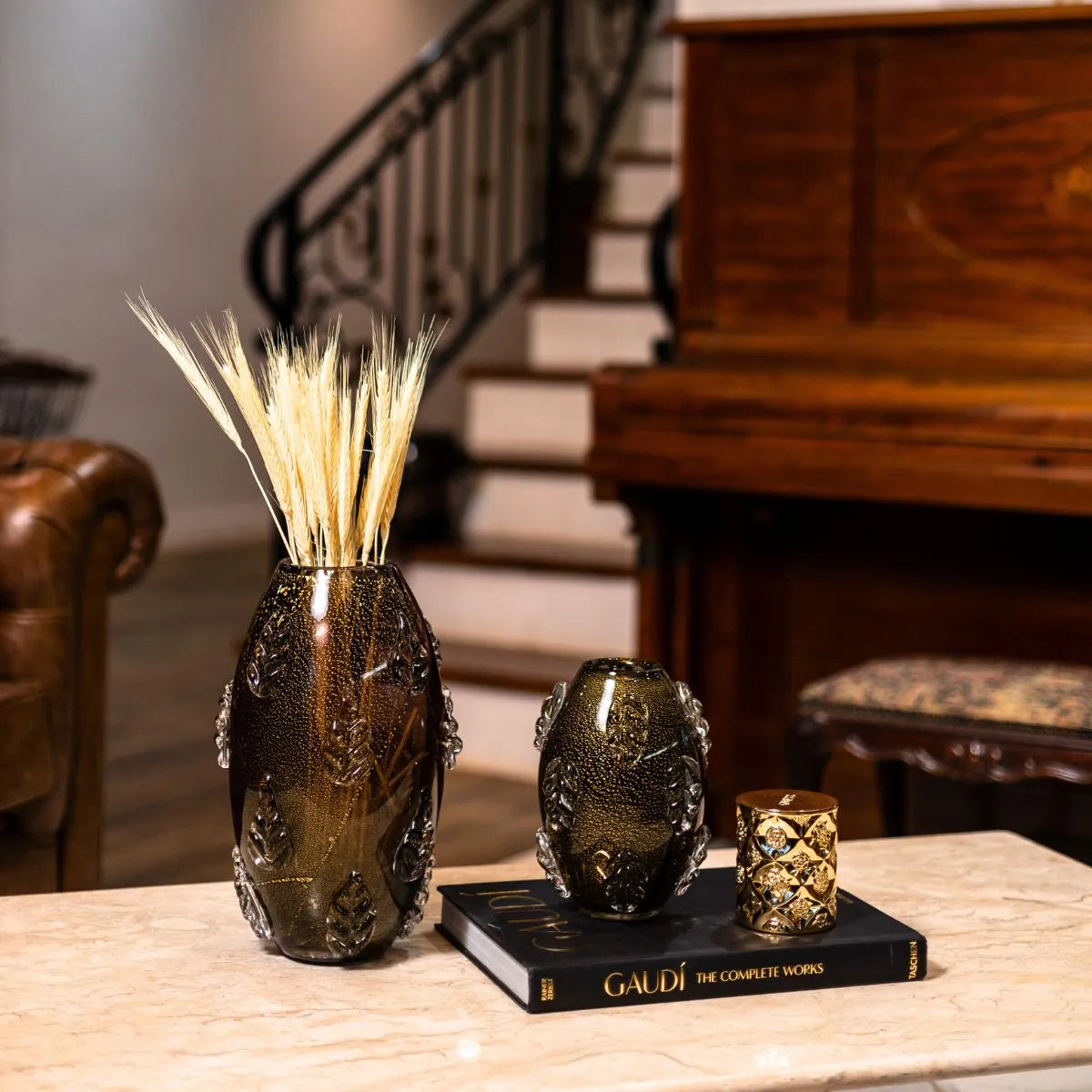 Vaso de Cristal com Folhas Preto